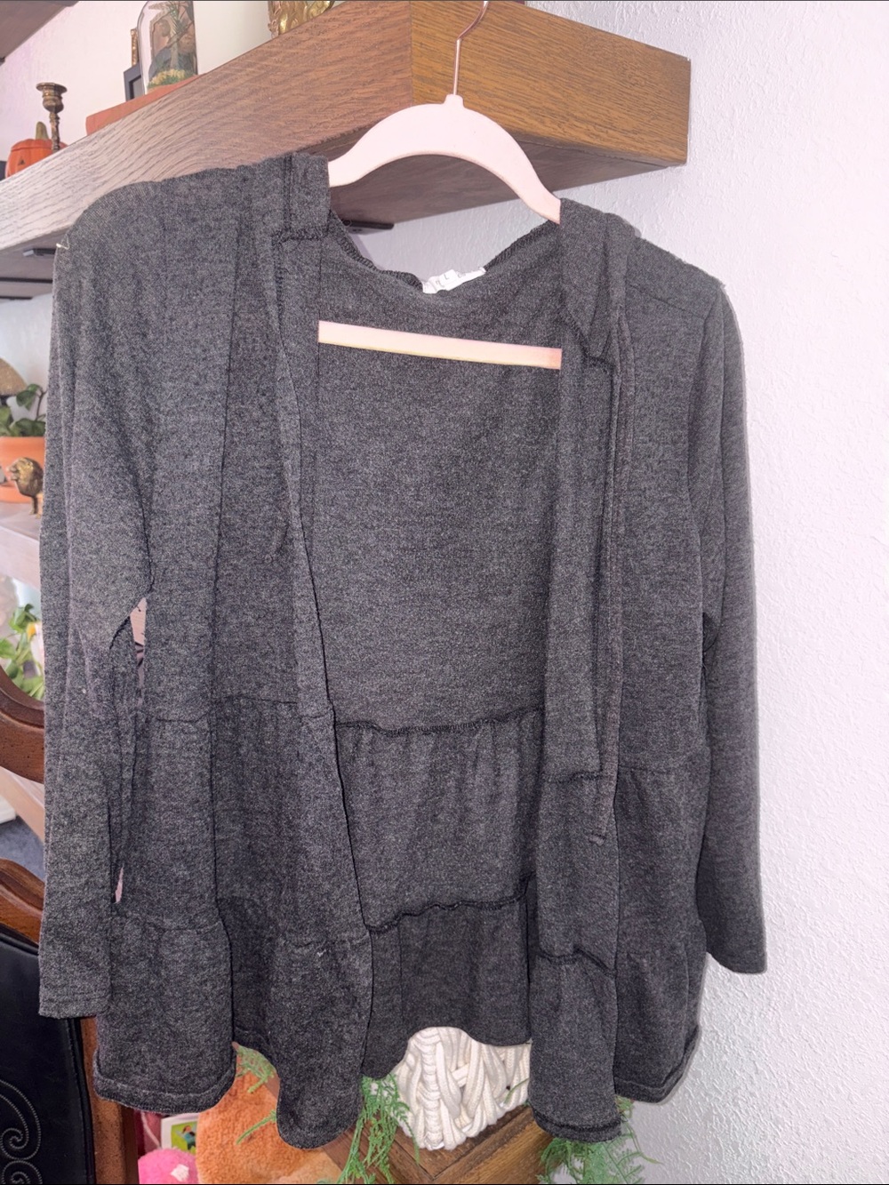 Women's Dark Gray Open-Front Hooded Sweater Cardigan